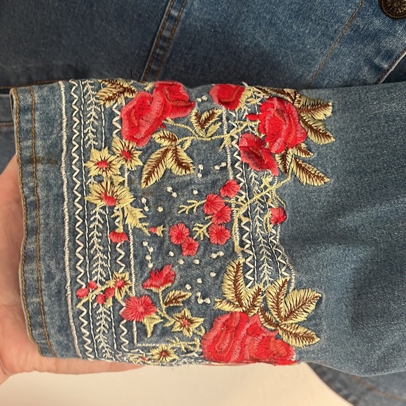 Vintage Denim Outfit Medium Embroidered Blue Jean Floral Rose Flowers 90s Y2K - Picture 7 of 15